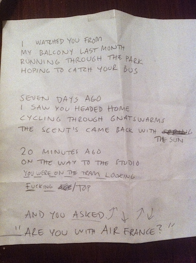 Hand-written lyrics to the final Air France single 'It Feels Good To Be Around You'