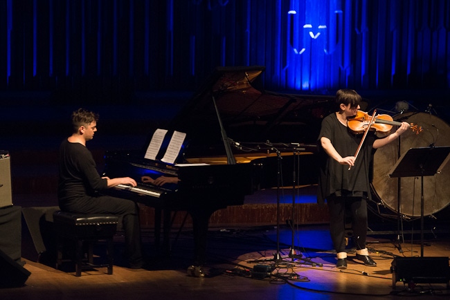 Nico Muhly and Nadia Sirota perform Nico Muhly\'s Drones & Viola during \'A Scream and an Outrage\' at the Barbican in London, UK - 12/05/2013
