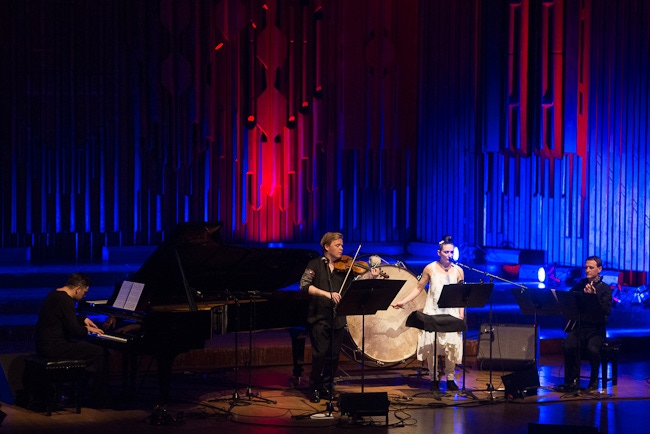 Nico Muhly, Pekka Kuusisto and Shara Worden perform \'death speaks\' by David Lang during \'A Scream and an Outrage\' at the Barbican in London, UK - 12/05/2013